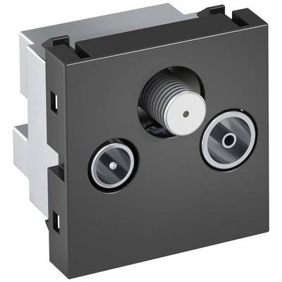 Un connecteur coaxial noir avec deux prises et un bouton central rotatif. Adapté pour les raccordements TV et radio.