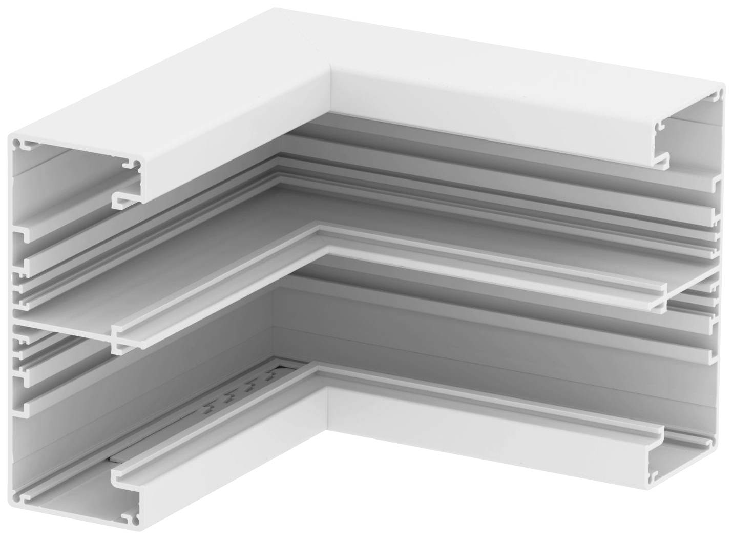 Raccord en plastique blanc de forme L, multicouche, avec des bords cannelés, probablement utilisé pour des jonctions d'angle dans des applications de construction.