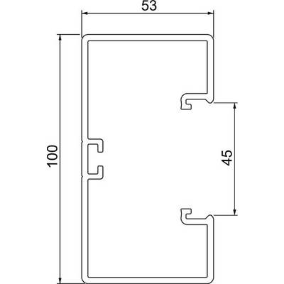 Dessin technique d'un profil avec dimensions : Hauteur 100, Largeur 53, Dimension intérieure 45. Forme rectangulaire avec dispositifs de suspension.