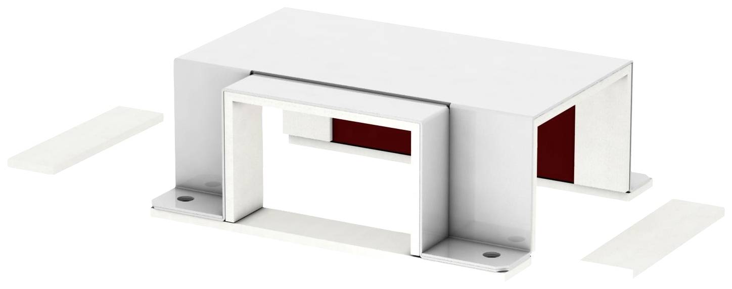 Un composant rectangulaire blanc avec deux fentes. Deux capots latéraux sont disposés à côté. Convient pour des applications électrotechniques.