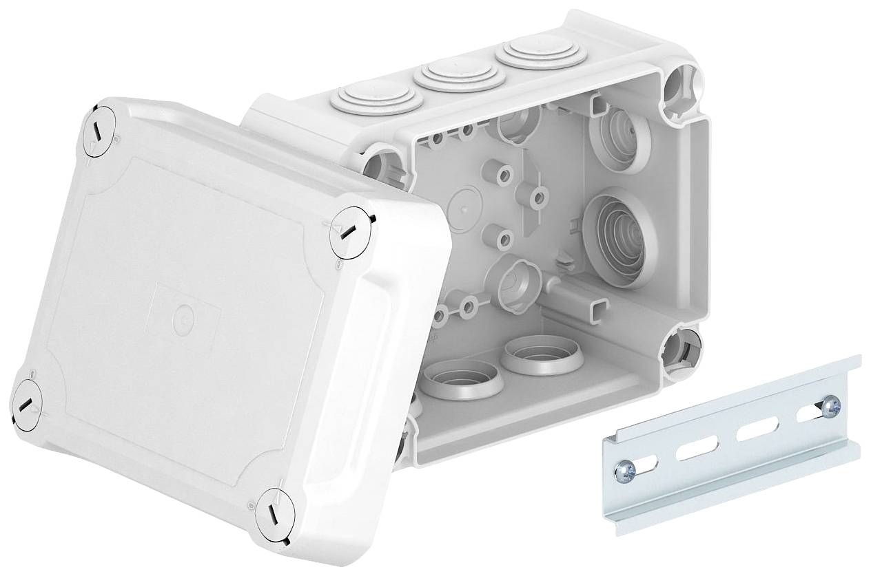 Une boîte de dérivation blanche ouverte avec un couvercle amovible et plusieurs passe-câbles, à côté de laquelle se trouve un support métallique.