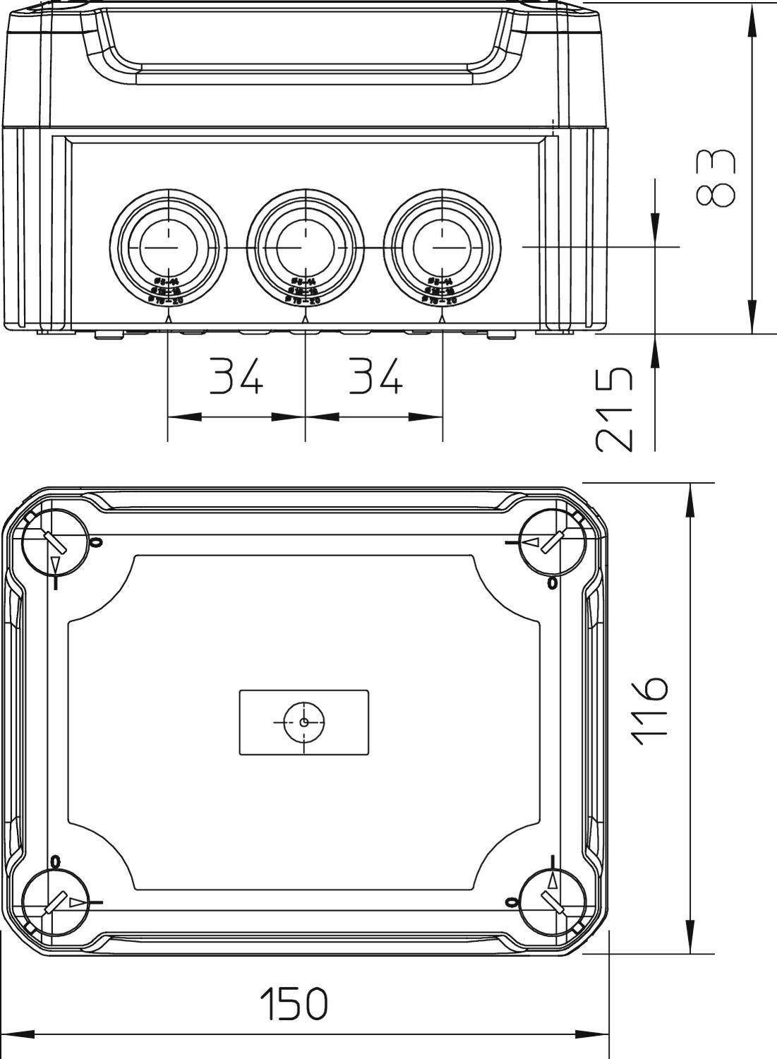 Dessin technique d'un boîtier rectangulaire avec trois ouvertures circulaires sur la façade. Dimensions : 215x150x83 mm.