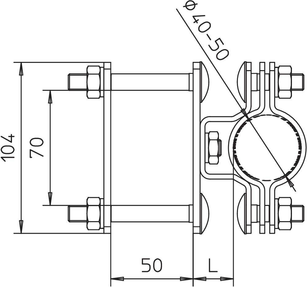 Dessin technique d'un collier de serrage avec dimensions : Longueur 104, Hauteur 70, Diamètre 40-50. Présente les vis et éléments de fixation.
