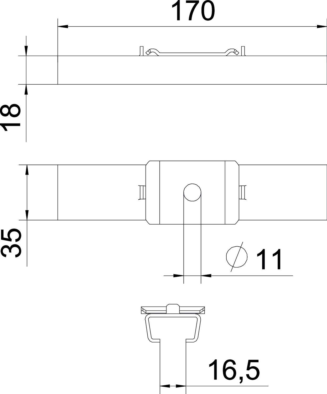 Dessin technique d'un support avec des dimensions détaillées : largeur 170 mm, hauteur 35 mm, trou de fixation de 11 mm de diamètre.