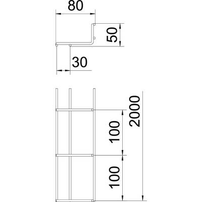 Dessin technique d'une étagère avec dimensions : 80x50x30 mm, tablettes espacées de 100 mm, hauteur totale 2000 mm.
