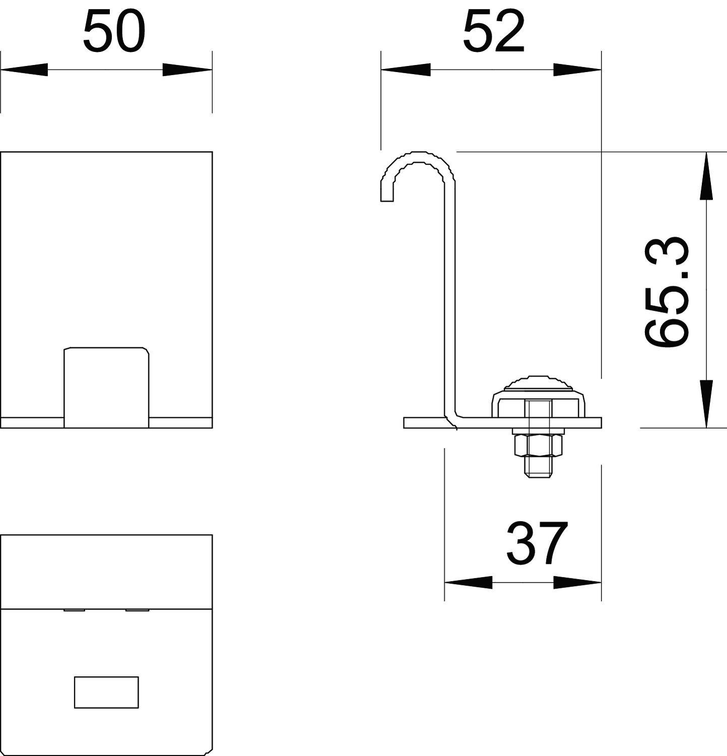 Dessin technique d'un clip de fixation avec dimensions : largeur 50 mm, hauteur 65,3 mm, profondeur 52 mm, écart entre les trous de fixation 37 mm.