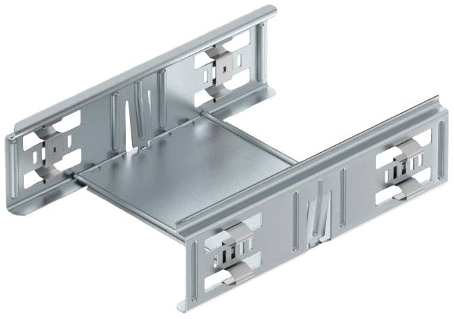 Pièce de connexion métallique grise avec des extrémités rectangulaires et des fentes, probablement destinée à être montée dans un système d'étagères.