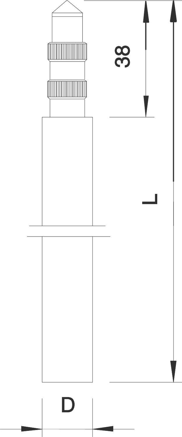 Dessin technique d'une prise audio avec les dimensions : Longueur 'L', Diamètre 'D', et pointe de 38 mm.