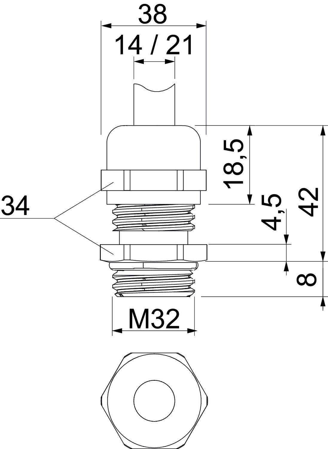 Dessin technique d'un composant métallique fileté, dimensions du diamètre : 14/21 et 38 mm, hauteur : 34 mm, taille du filetage : M32.
