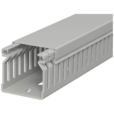 Canal pour câbles en plastique gris, représenté ouvert, avec des fentes latérales pour le guidage des câbles. Adapté pour un câblage propre et organisé.