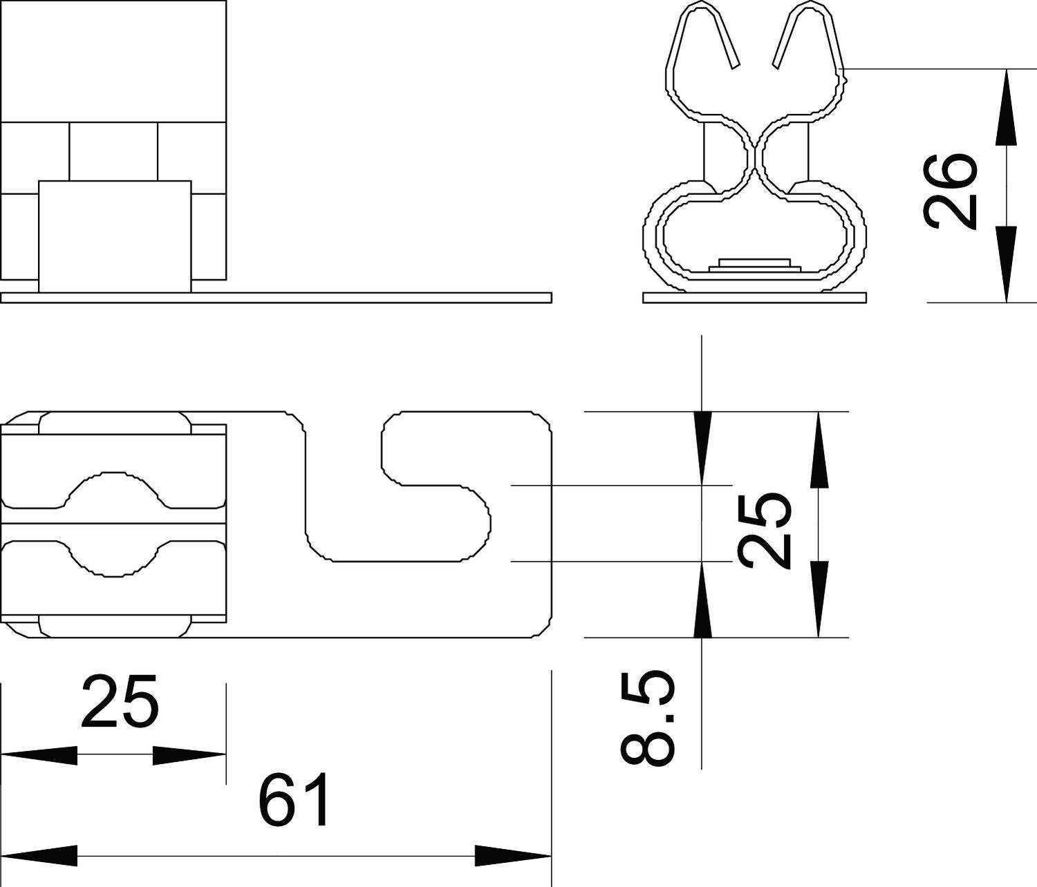 Dessin technique d'un profil avec dimensions : hauteur 26 mm, largeur 25 mm, longueur 61 mm. Montre les vues latérales, de face et de dessus.