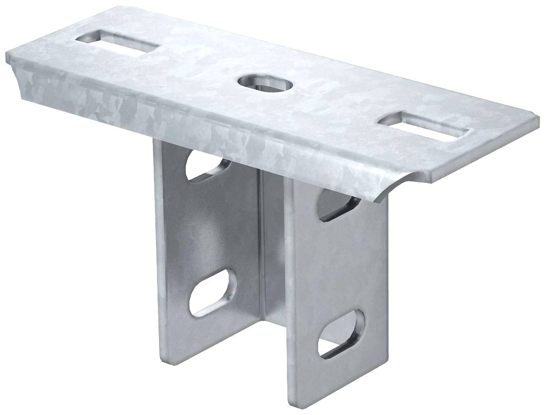 Un élément de construction en acier galvanisé avec plusieurs trous oblongs et supports, utilisé pour la fixation et la stabilisation dans les constructions architecturales.