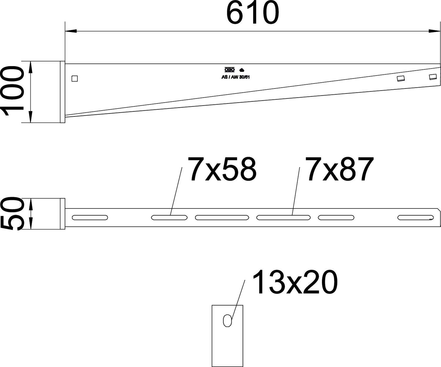 Dessin technique d'une console métallique avec dimensions : Longueur 610 mm, Hauteur 100 mm, Largeur 50 mm ; Perçages 7x58 mm, 7x87 mm, 13x20 mm.
