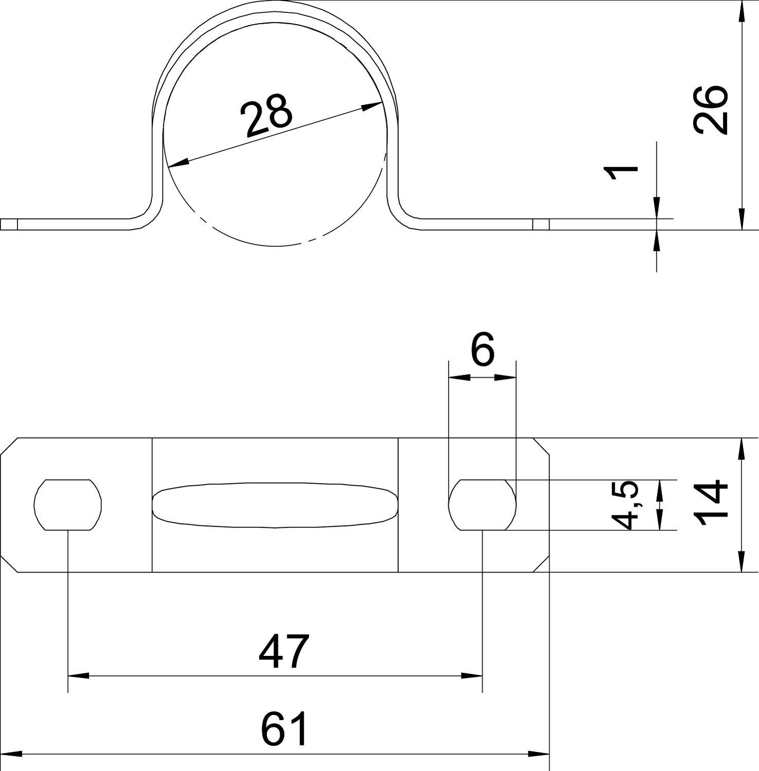 Dessin technique d'un support. En haut : Coupe transversale avec dimensions 28, 1, 26. En bas : Vue de dessus avec dimensions 6, 4.5, 14, 47, 61.