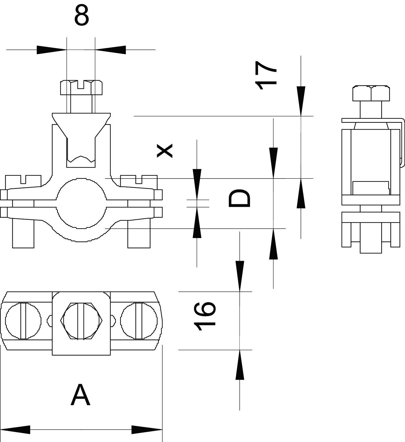Dessin technique d'un composant avec des dimensions en millimètres : 8, 17, 16 et désignations de taille A, D, X. Différentes vues représentées.