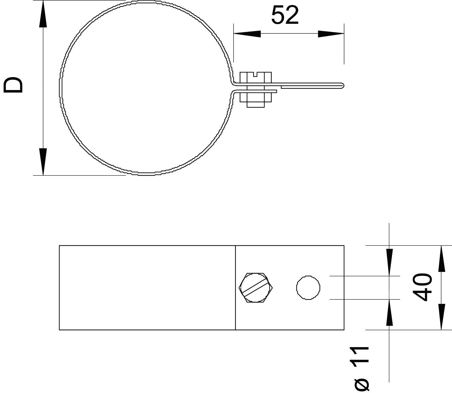 Dessin technique d'un design de collier de serrage circulaire avec une tige centrale filetée, marqué avec des dimensions. Vue latérale et vue de face présentées.