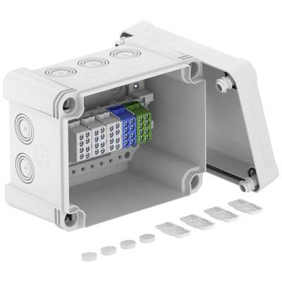 Boîte électrique blanche rectangulaire avec couvercle ouvert, présentant à l'intérieur plusieurs bornes de couleurs différentes pour les connexions de câbles.