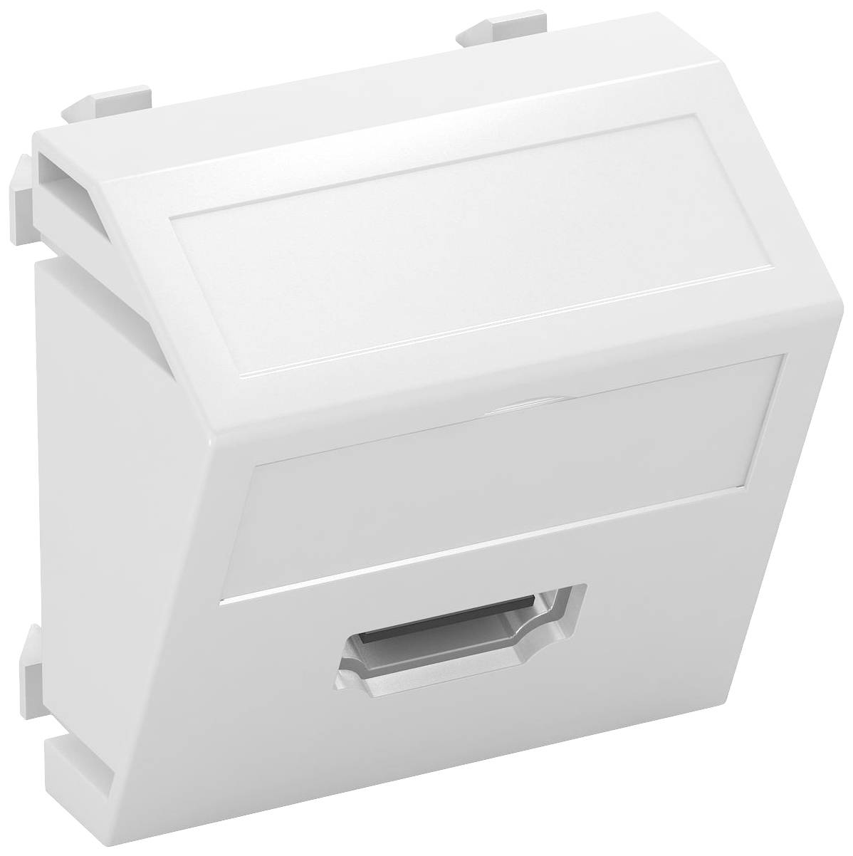 Un adaptateur Keystone blanc en angle, adapté aux connexions réseau. Design rectangulaire avec ouverture de connexion visible.