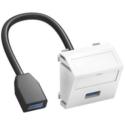 Câble de connexion USB avec adaptateur rectangulaire. Adaptateur blanc avec emplacement de connexion ; câble noir. Sur un fond blanc.