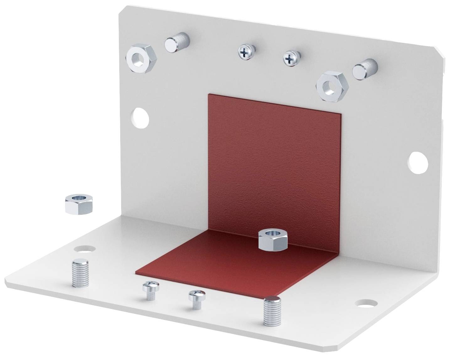 Profilé métallique d'angle avec insertion rouge, plusieurs vis et écrous pour la fixation. Utilisé pour des constructions stables.