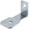 Un équerre métallique en L avec deux trous sur chaque flanc, utilisée pour la fixation ou la jonction de structures.