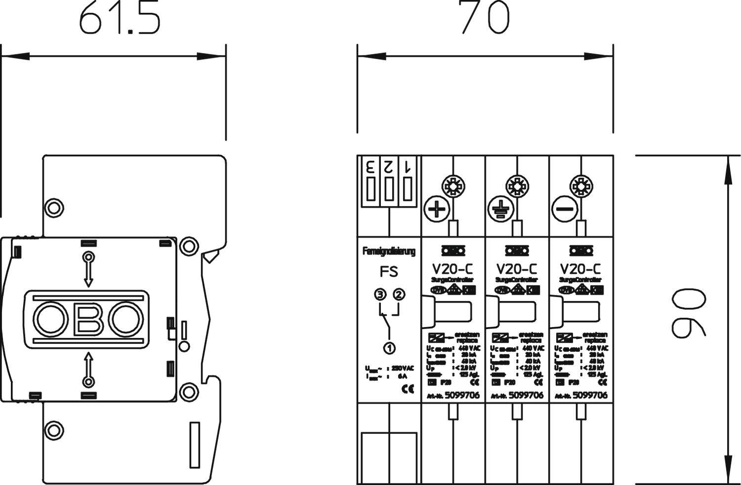 Dessin technique d'un dispositif de protection contre les surtensions de OBO avec des dimensions de 61,5 x 70 x 90 mm, montrant les détails de connexion et les désignations.