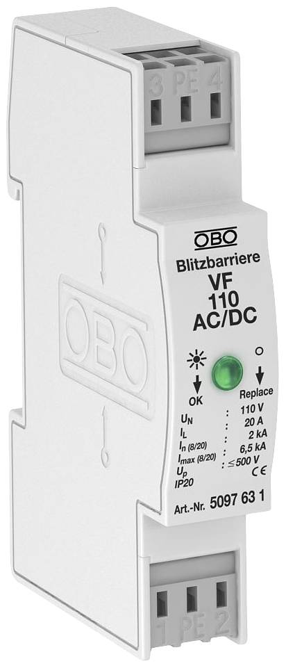 Module de protection contre les surtensions OBO Bettermann, modèle VF 110 AC/DC, à installer sur rail DIN. Principalement utilisé pour la protection contre la foudre.