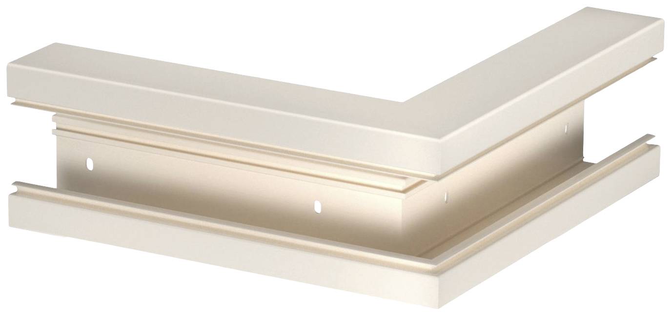 Raccord d'angle en plastique, couleur crème, pour systèmes de goulottes de câbles. Relie deux canaux à angle droit.
