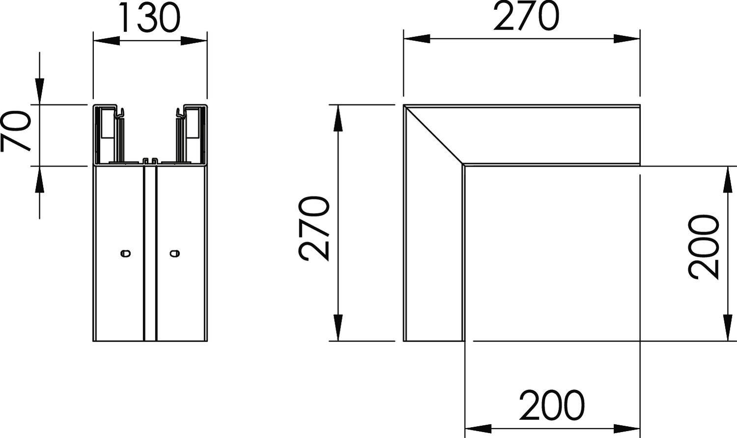 Dessin technique d'un angle avec dimensions : 130x70 mm en haut à gauche ; 270x200 mm à droite. Présente les soudures et les points de fixation.