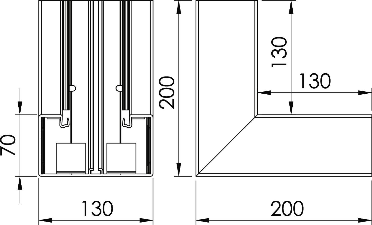 Dessin technique de deux profilés en L avec dimensions : hauteur 200 mm, largeur 130 mm, profondeur 70 mm. Vue de face et vue de dessus représentées.