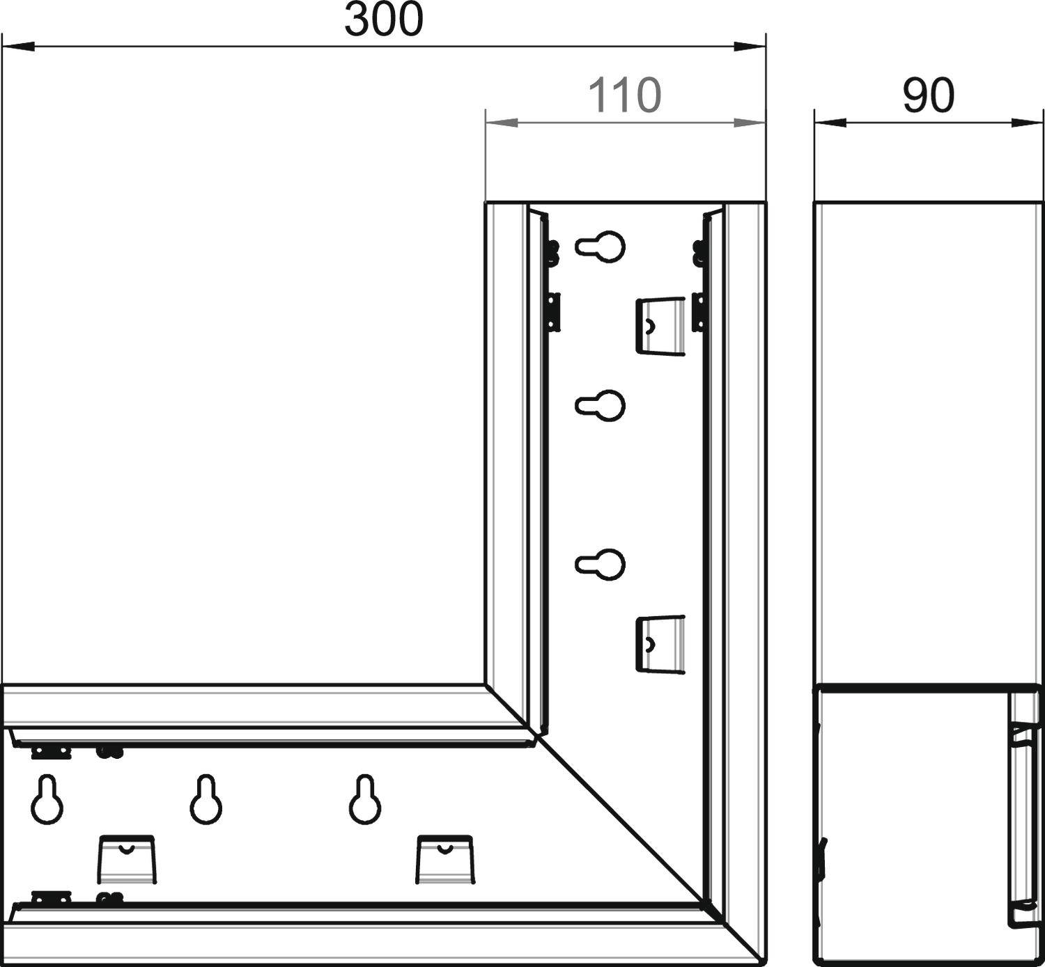 Dessin technique d'un cadre avec des dimensions de 300x90x110 mm, montrant des vues de face, de côté et arrière avec points de fixation.