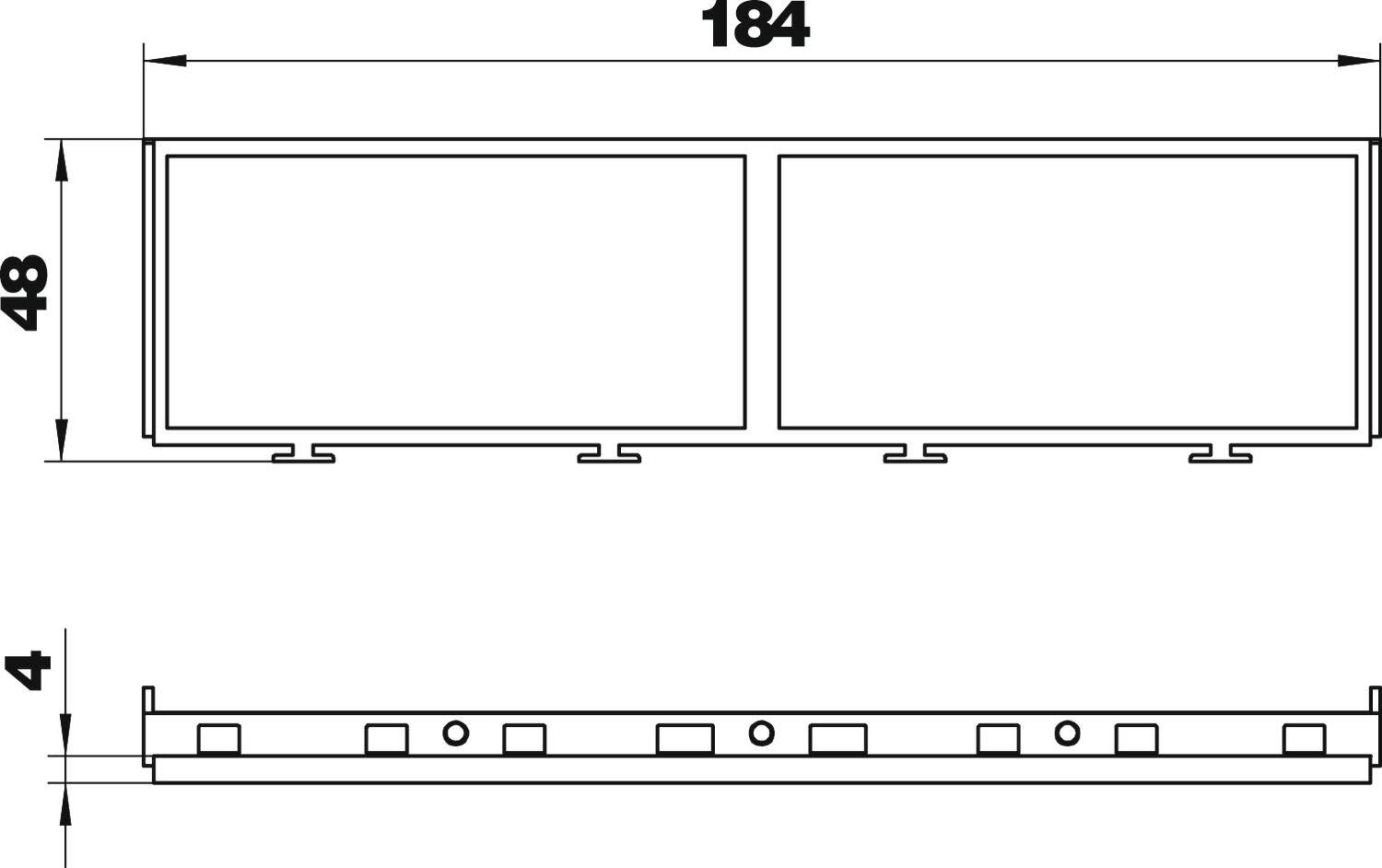 Dessin technique d'un objet rectangulaire avec les dimensions suivantes : Longueur 184, Hauteur 48, Profondeur 4. Présente deux vues latérales.