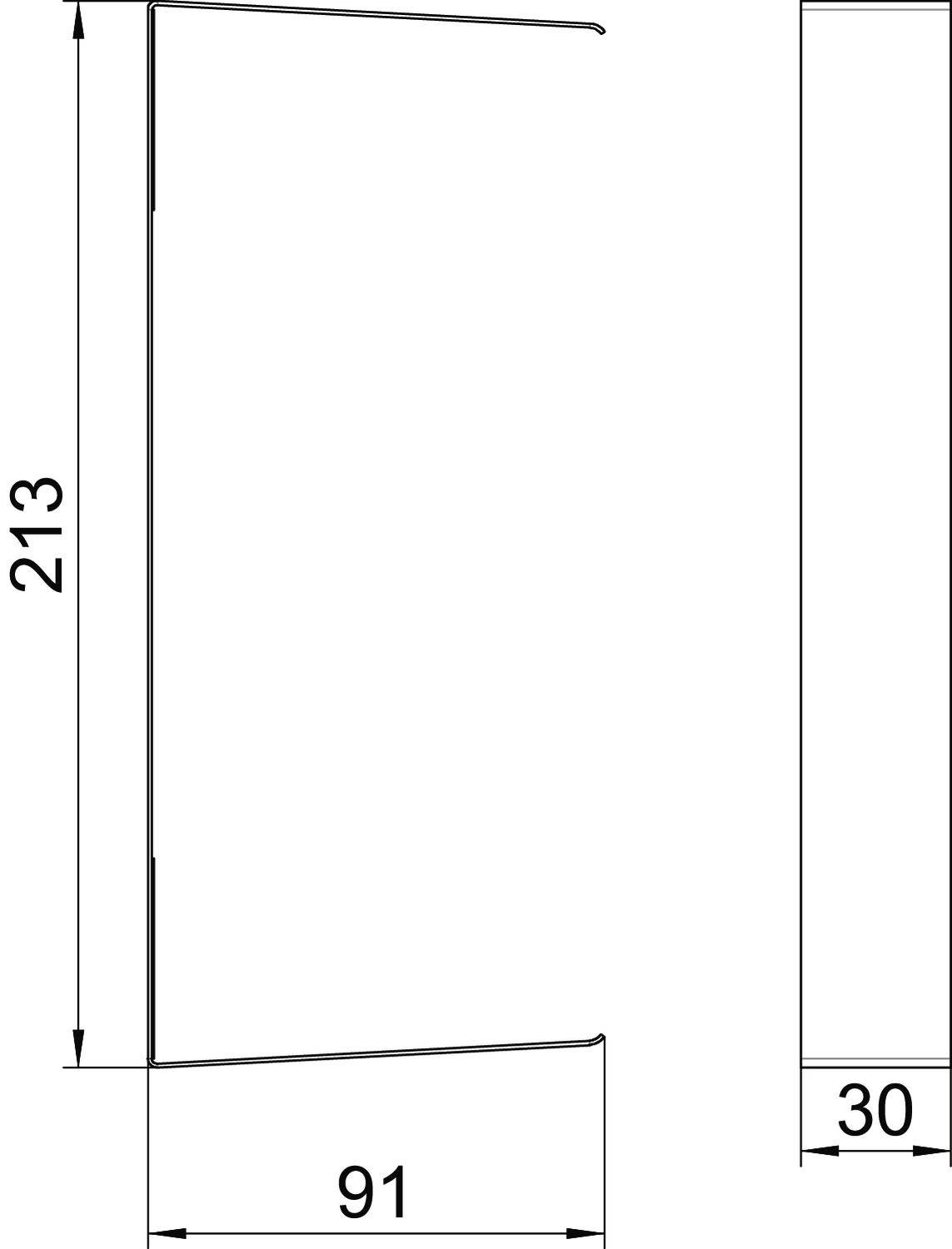 Dessin technique d'un objet mesurant 213 cm de hauteur, 91 cm de largeur et 30 cm de profondeur.