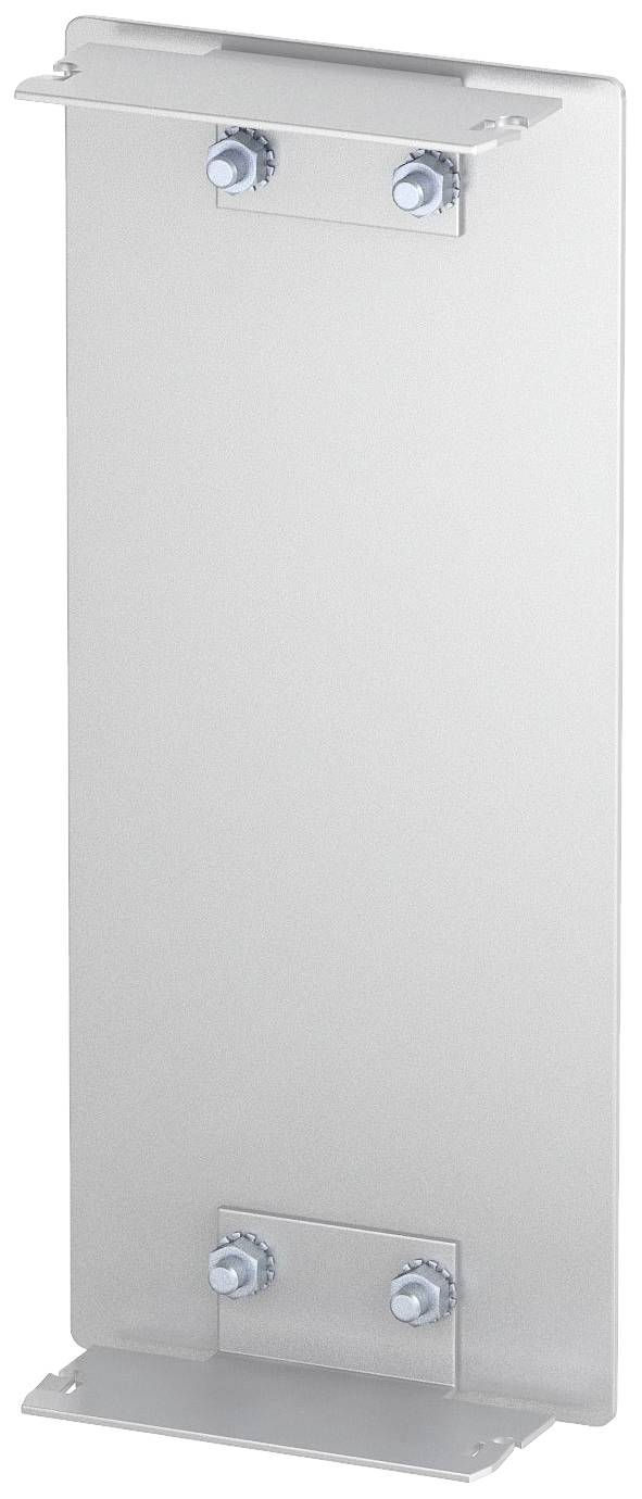 Plaque métallique avec quatre vis, deux en haut et deux en bas, pour la fixation sur une surface.
