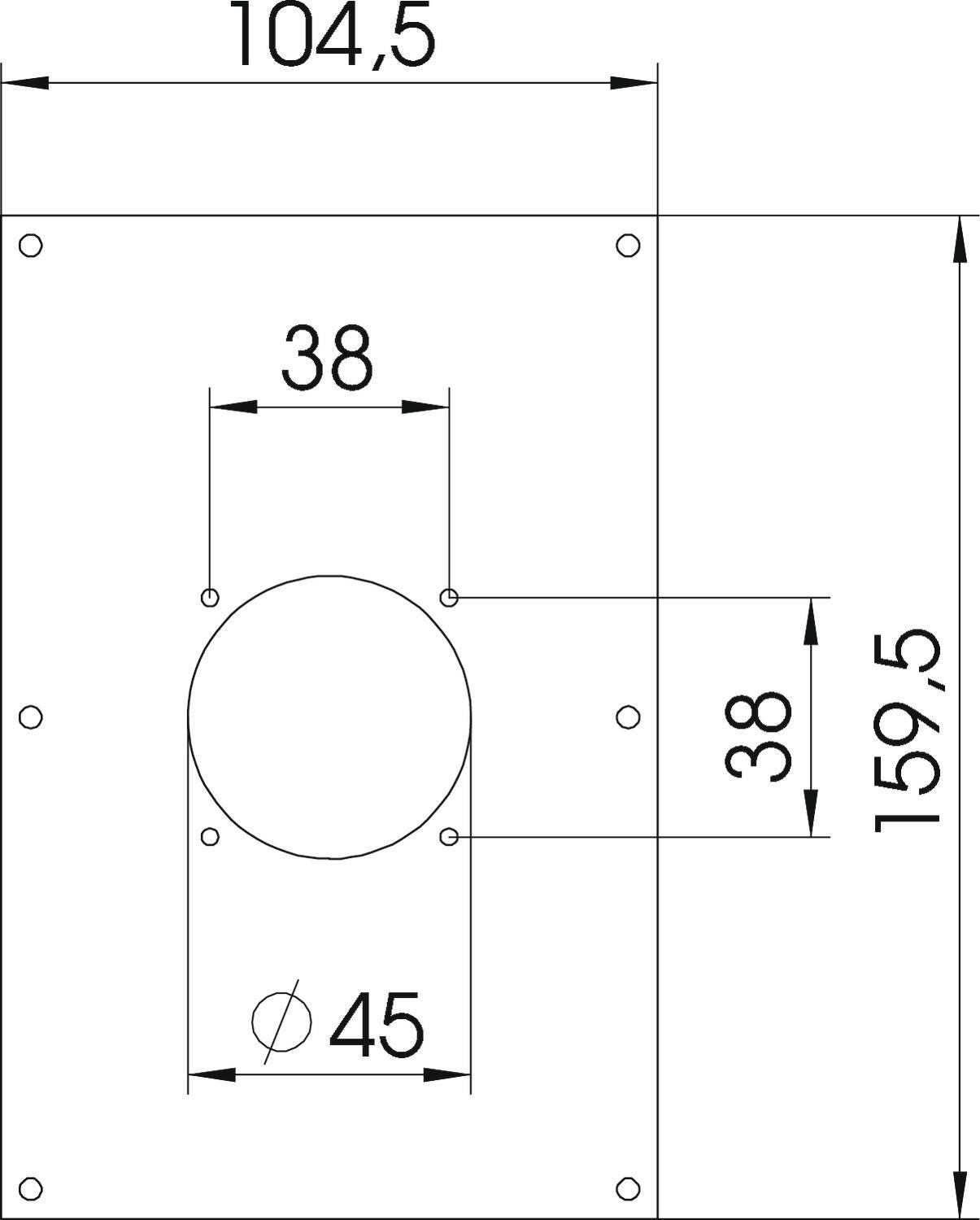 Dessin technique d'un composant rectangulaire avec dimensions : largeur 104,5 mm, hauteur 159,5 mm, cercle central ø 45 mm, perçages et espacements.