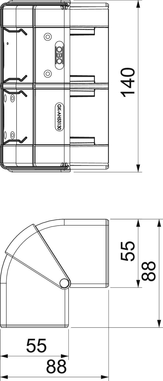 Dessin technique d'un chenal de câbles rectangulaire. Dimensions : 88x88 mm, hauteur 140 mm. Présente les vues latérale et frontale.