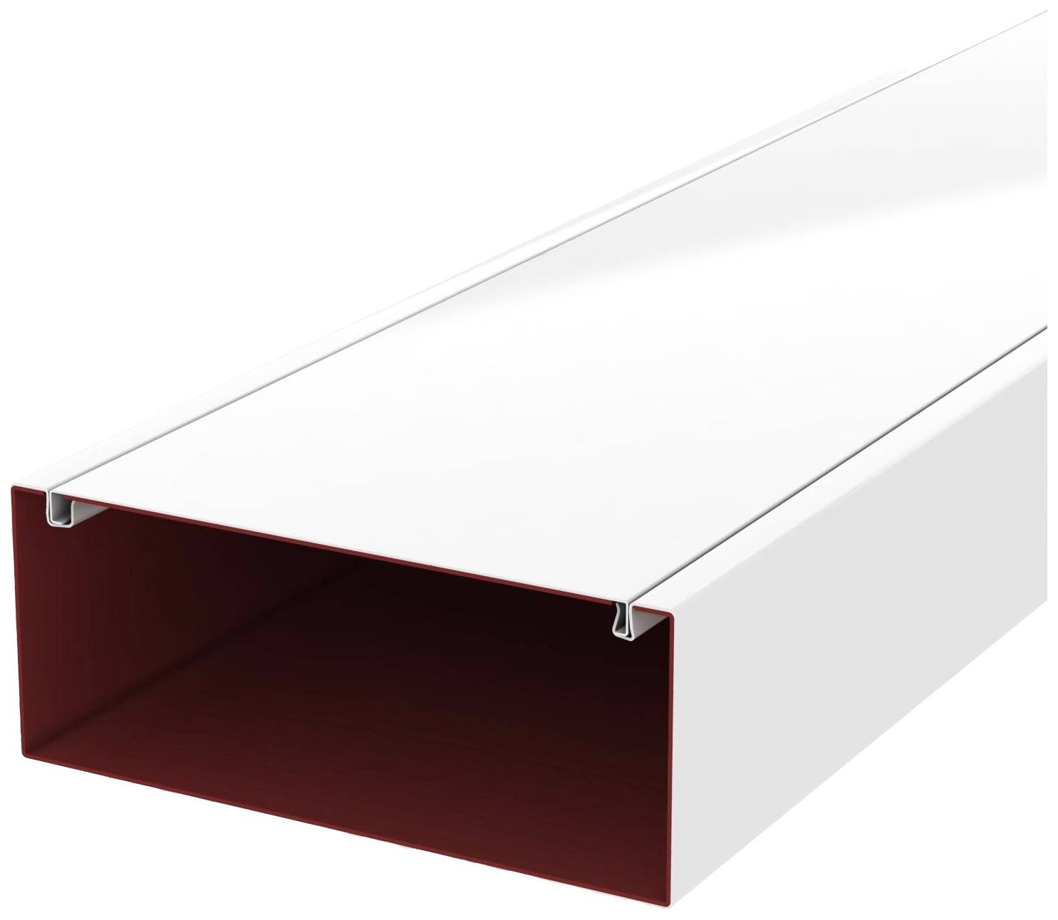 Un conduit rectangulaire blanc en plastique à section ouverte, adapté pour le guidage des câbles ou des conduites dans les espaces intérieurs.