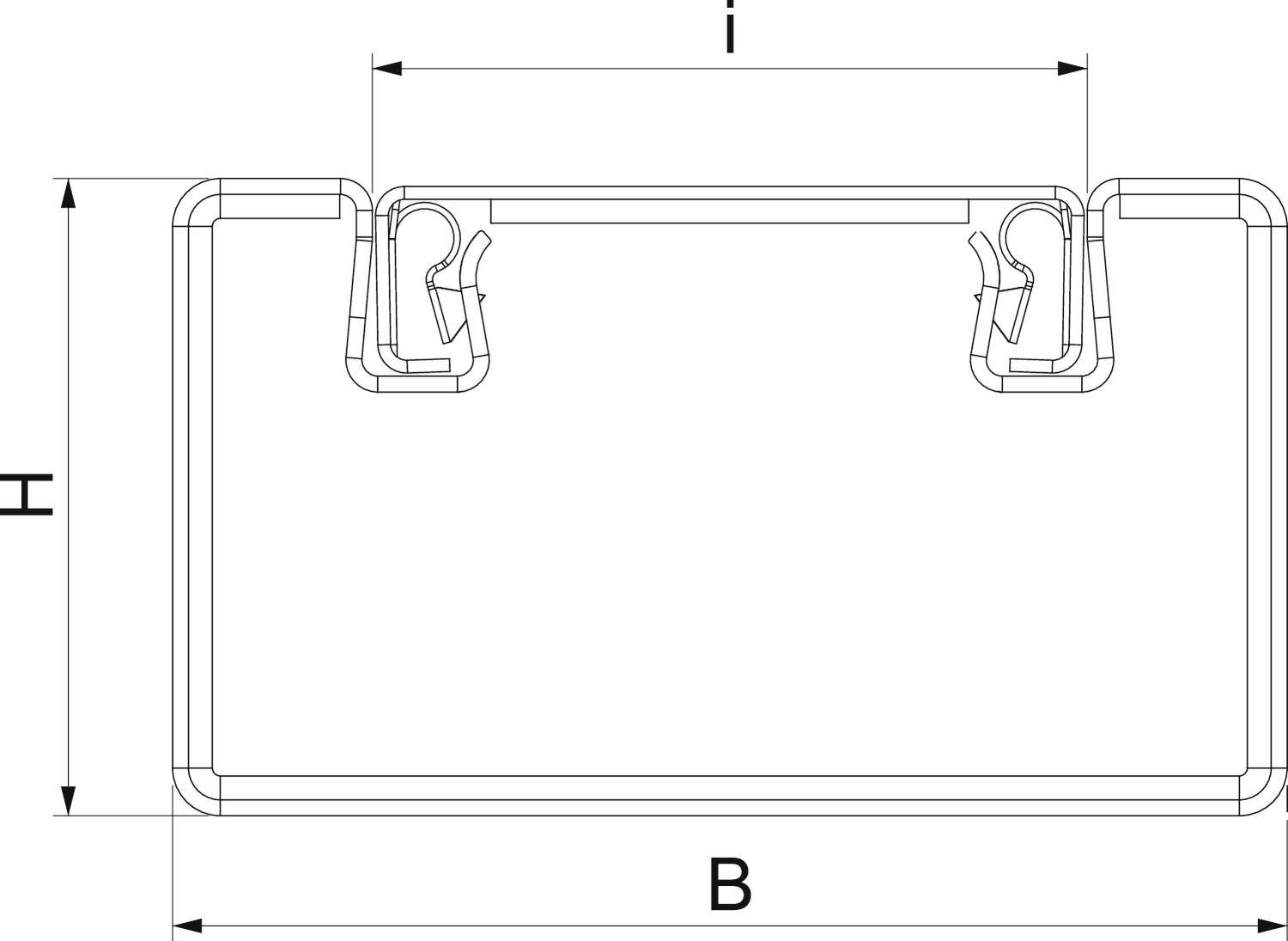 Dessin technique d'un support rectangulaire avec les dimensions H (hauteur), B (largeur) et I (dimension intérieure).