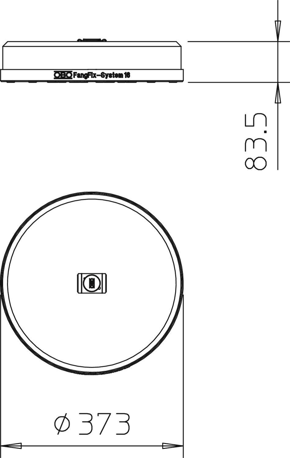Dessin technique d'un élément circulaire de 373 mm de diamètre et de 83,5 mm de hauteur, annoté 'Système FangFix 16'.