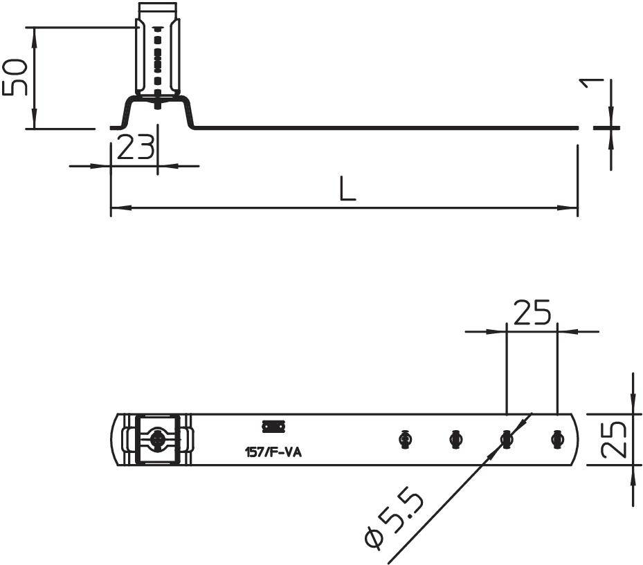 Dessin technique d'un support métallique avec dimensions : hauteur 50 mm, largeur 23 mm. Trous de vis marqués, numéro de modèle '157/F-VA'.