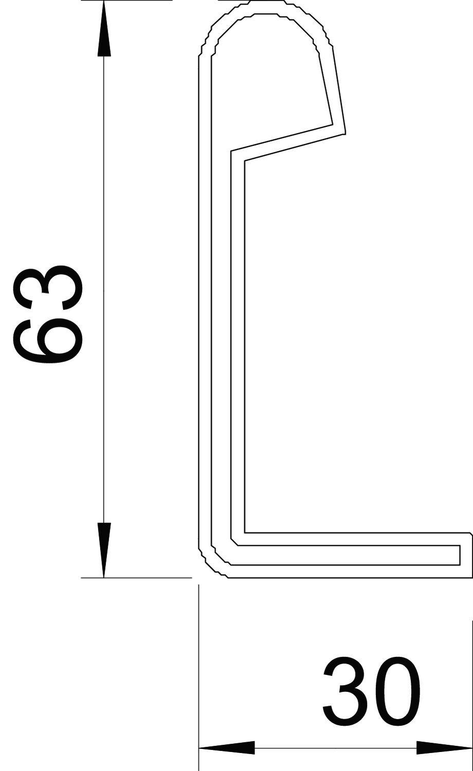Coupe transversale d'un profil de ceinture à partir d'un plan de construction. Hauteur 63 mm, largeur 30 mm. Montre les contours et la forme avec des dimensions précises.