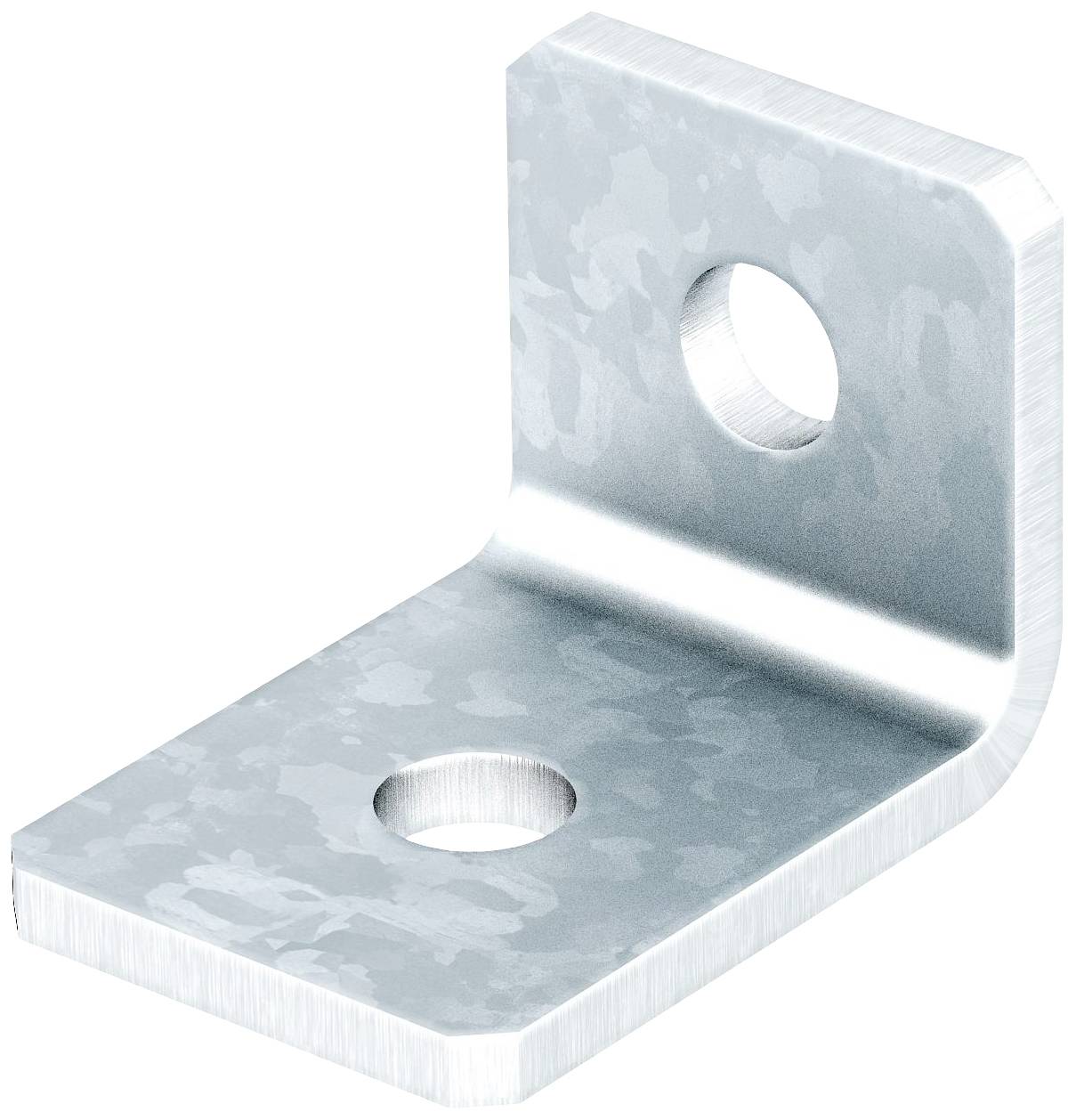 Équerre métallique avec deux trous, un par branche, pour des besoins de fixation. La structure de surface présente un léger effet brillant.
