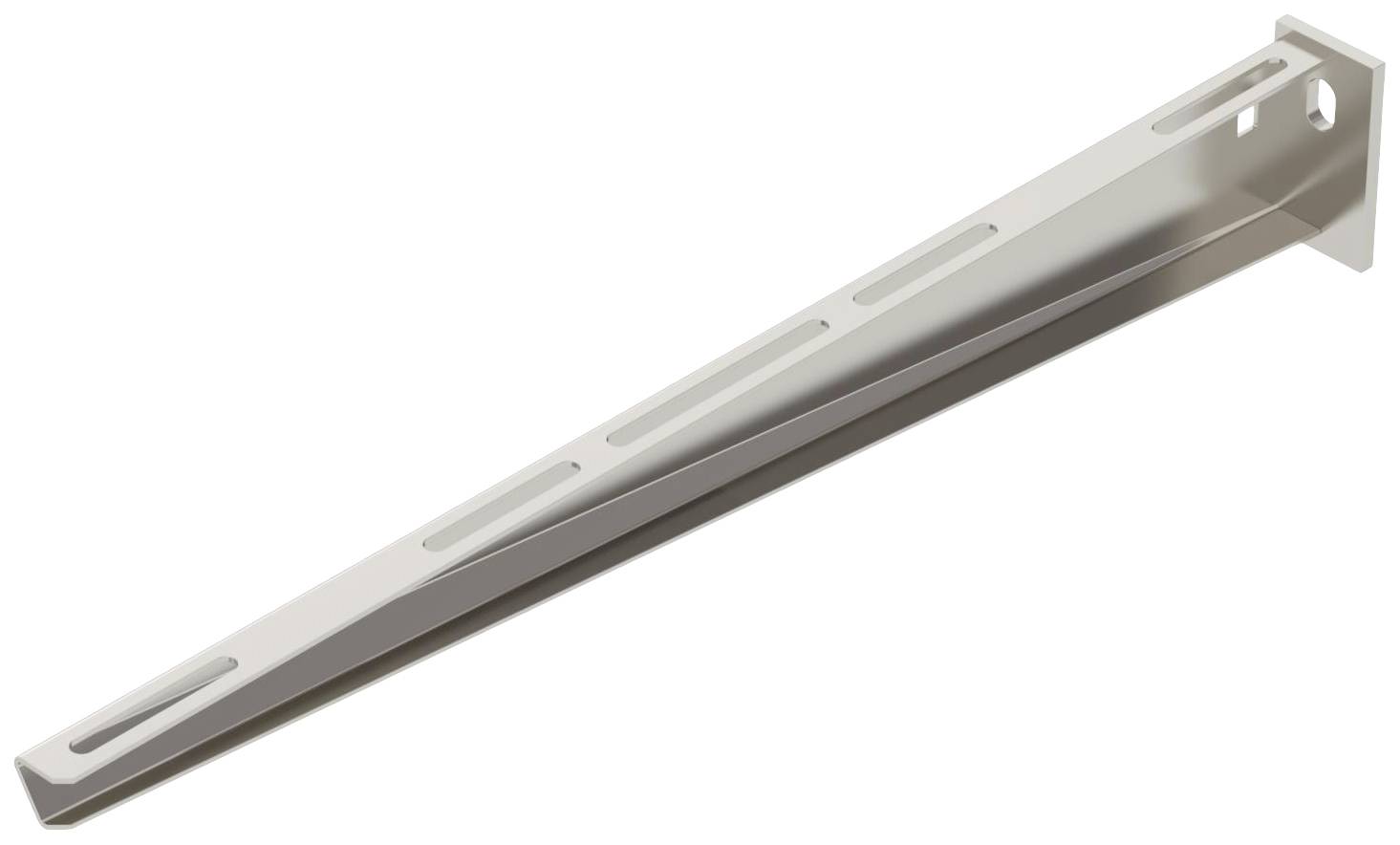Une console métallique triangulaire avec des trous de fixation. Utilisée pour supporter des étagères ou des structures, généralement fixée aux murs.