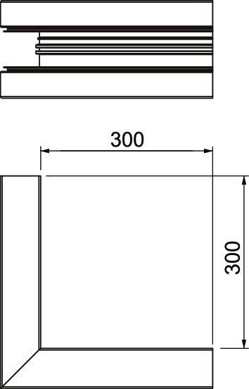 Dessin technique d'un angle avec des dimensions de 300x300 mm, section rectangulaire, avec vue détaillée du bord supérieur.