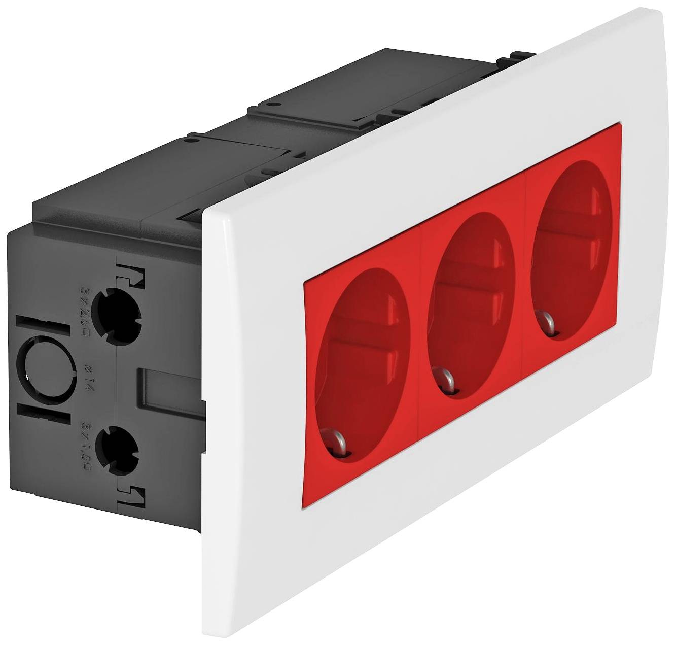 Un bloc multiprise électrique triple avec insert rouge, adapté pour l'installation dans les systèmes d'interrupteurs et les accessoires électriques.