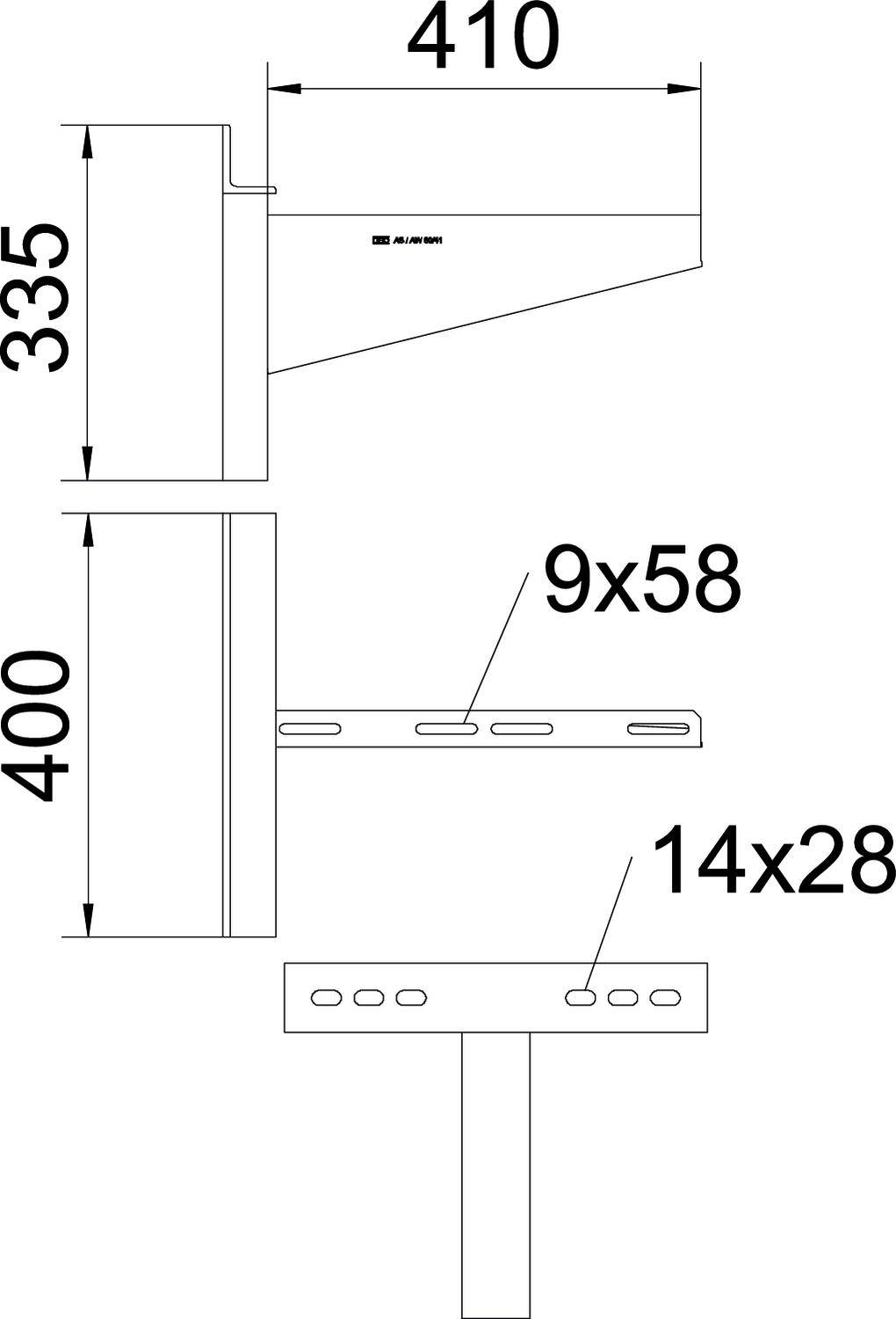 Dessin technique d'un support de montage mural avec dimensions : Largeur 410, Hauteur 335 en haut, 400 au centre. Connexions de plaques : 9x58, 14x28.