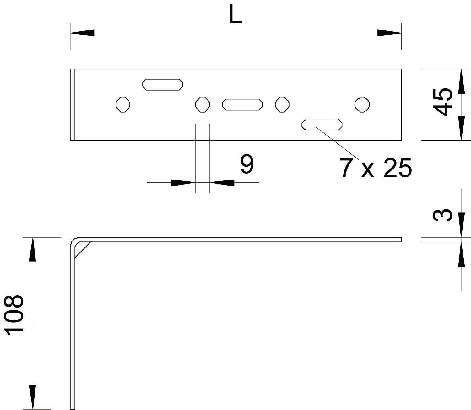 Dessin technique d'un équerre métallique rectangulaire. En haut : disposition des trous et dimensions de 9 mm et 7 x 25 mm. Dimensions latérales : 108 mm de hauteur, 45 mm de largeur, 3 mm d'épaisseur.