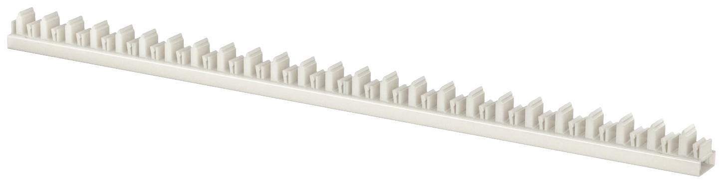 Longue pièce en plastique blanc avec des dents disposées de manière uniforme.