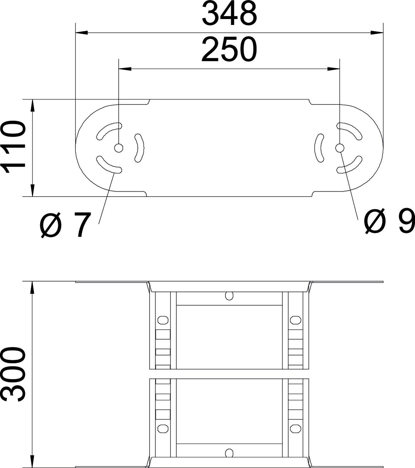 Dessin technique d'une pièce rectangulaire, en haut avec les dimensions 348 x 110 mm et un écart de 250 mm entre les trous de fixation.