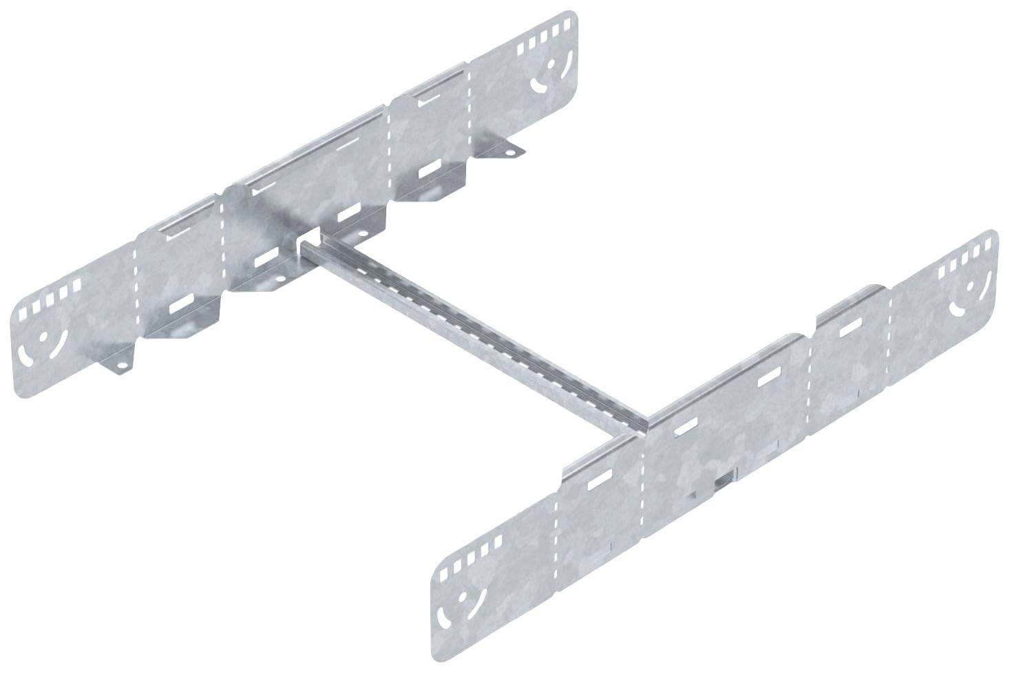 Support métallique en forme de T pour fixer deux poutres en bois à un mur, muni de plusieurs trous pour les vis.